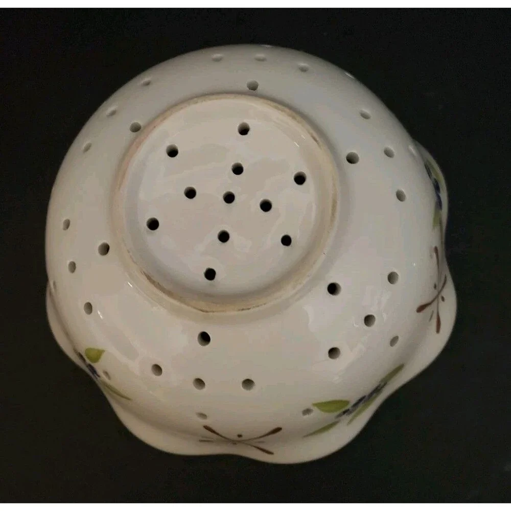 Colander Scalloped Rim Bowl Hand Painted Ceramic W/ Blueberry & Leaf Design